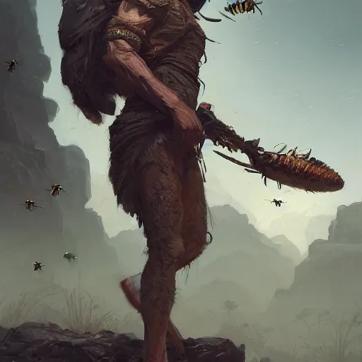 Prompt: a skinny Hunter from Stone Age surrounded by bees Greg Rutkowski and Raymond Swanland, Trending on Artstation, cloudy background, ultra realistic digital art