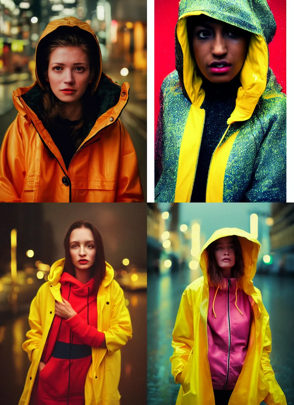 Prompt: A hyper realistic and detailed head portrait photography of a woman wearing a futuristic yellow raincoat with hoodie on a rainy day. by annie leibovitz. Neo noir style. Cinematic. Swirly bokeh. Red neon lights and glow in the background. Cinestill 800T film. Lens flare.