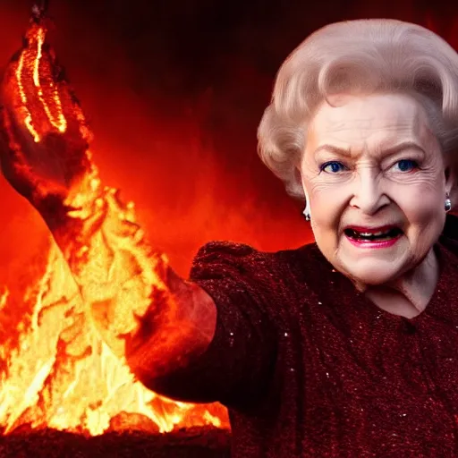 Image similar to stunning awe inspiring betty white the queen of hell surounded by fire, lava and demons, movie still 8 k hdr atmospheric lighting