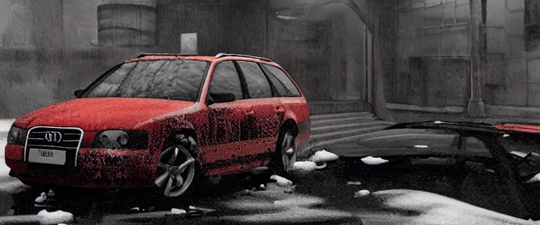 Image similar to Audi A4 B6 Avant (2002), a gritty neo-noir, dramatic lighting, cinematic, eerie person, death, homicide, homicide in the snow, viscera splattered all over the car, gunshots, establishing shot, extremely high detail, photorealistic, red mist, arson, burning city, cinematic lighting, artstation, by simon stalenhag, Max Payne (PC) (2001) winter New York at night, In the style of Max Payne 1 graphic novel, flashing lights, Poets of the Fall - Late Goodbye