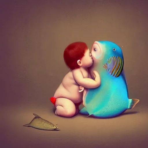 Image similar to the same style. the most beautiful little fat sweet girl is kissing a huge colorful cute fish. modern etching. colored print. hype realistic scene. old photography style. studio lighting. window. 3 d, octane render, deep focus, zbrush