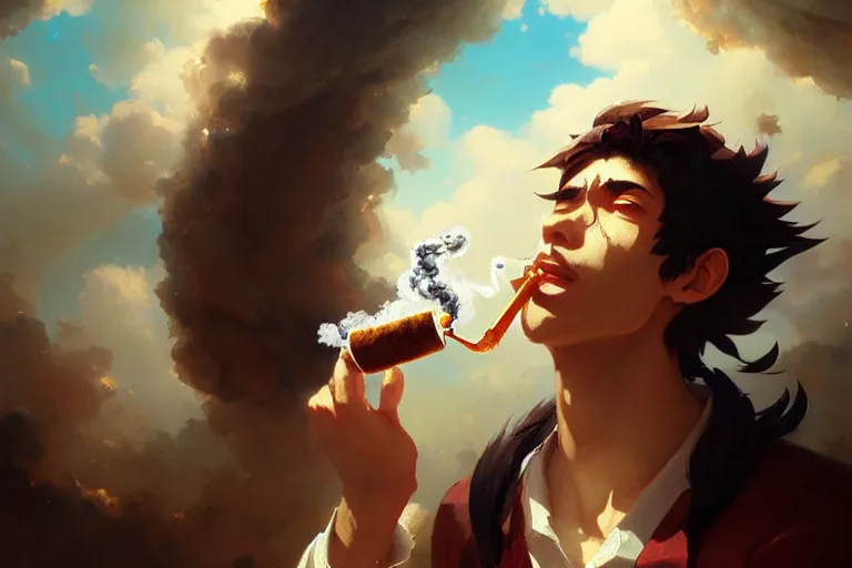 Image similar to mexican smoking weed and drinking coffee baroque oil painting finely detailed perfect face f anime shinkai takeuchi key visual of character concept art pixiv fanbox, painted by greg rutkowski