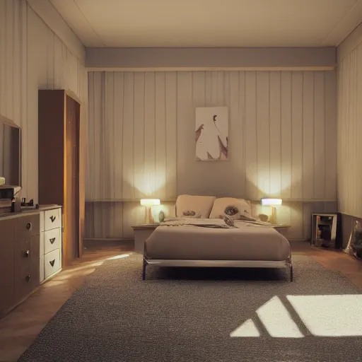Prompt: 3 d render of bedroom from the 1 9 8 0 s, octane render, unreal engine 5