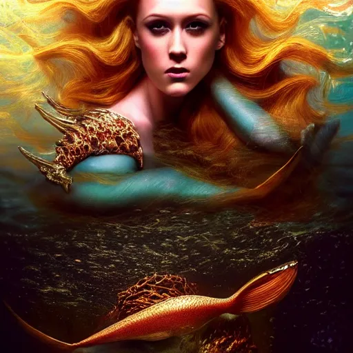 Image similar to evan rachel wood portrait, fantasy, mermaid, hyperrealistic, game character, underwater, highly detailed, sharp focus, cinematic lighting, pearls, glowing hair, shells, gills, crown, water, highlights, starfish, jewelry, realistic, digital art, pastel, magic, fiction, ocean, king, colorful hair, sparkly eyes, fish, heroic, goddess, waves, bubbles, queen