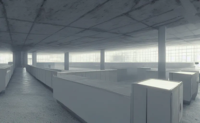 Image similar to screenshot of game on unreal engine 5, a large white empty breakroom with a security checkpoint, photorealistic, retrofuturism, brutalism, staggered terraces, minimalist, soft vintage glow