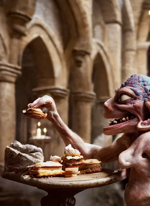 Image similar to closeup portrait of a medieval goblin eating cakes in the cloisters, depth of field, zeiss lens, detailed, symmetrical, centered, fashion photoshoot, by Annie Leibovitz and Steve McCurry, David Lazar, Jimmy Nelsson, Breathtaking, 8k resolution, extremely detailed, beautiful, establishing shot, artistic, hyperrealistic, beautiful face, octane render