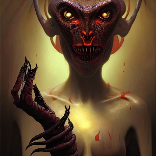 Image similar to ultra realist horror painting of a dimly lit attractive alien female and hellish creature together, very intricate details, focus, curvy, full frame image, artstyle hiraku tanaka and craig mullins, award winning