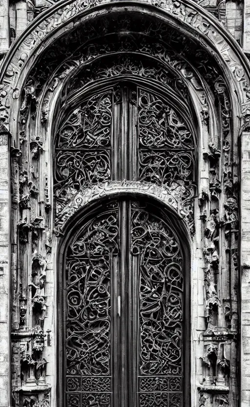 Image similar to portal double doors. big face carved in the center. gothic medieval baroque. black iron. symmetry. epic. ominous shapes. hyper detailed. photoreal