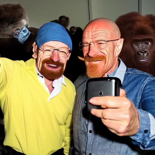 Prompt: walter white taking a selfie with a gorilla