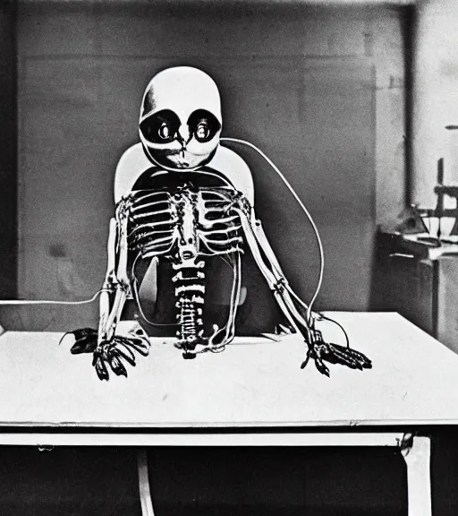 Image similar to Alien lying on an operation table in a lab, photograph from 1890, grainy, high detail, high resolution