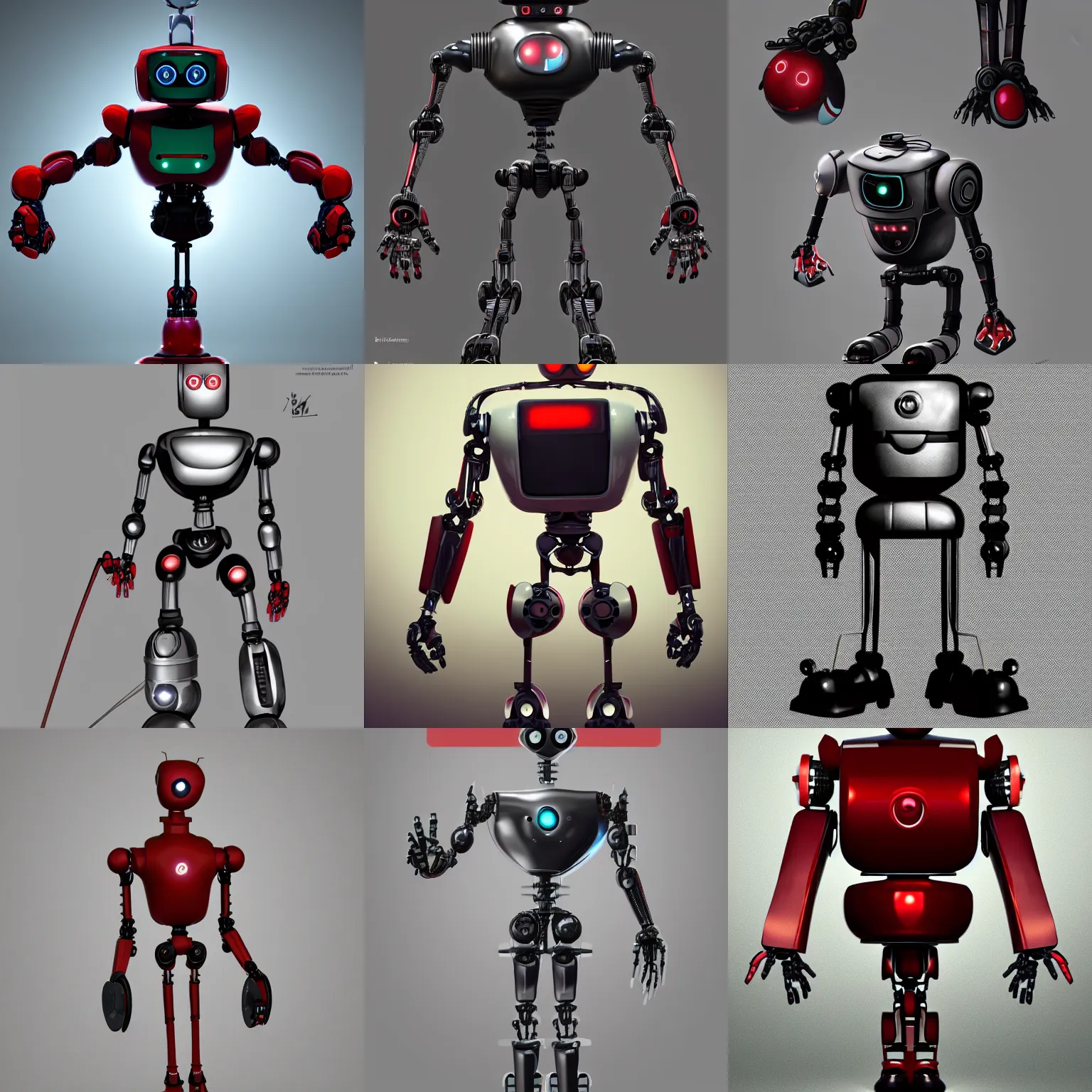 Prompt: a robot from 1 9 6 0 with red eyes and eyelids with an elliptical head that is flattened at the top, the upper body is similarly shaped and is connected by a stalk to the long legs. trending in artstation