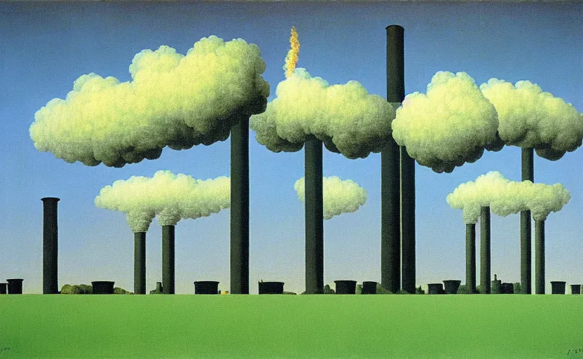 Image similar to industrial chimneys rising out of the undergrowth by rene magritte
