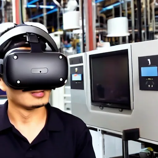 Prompt: chinese factory worker plays vr for the first time