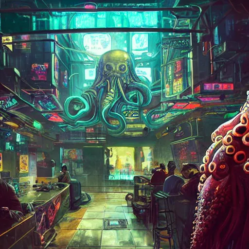 Image similar to a high quality portrait of octopus Davy Jones in a cyberpunk cyberpunk cyberpunk cafe, realism, 8k, award winning photo