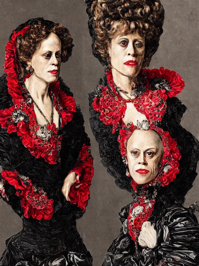 Image similar to Detailed maximalist stunning portrait of Signorney Weaver dressed in a black and red Victorian collar dress, HD mixed media, 3D collage, highly detailed and intricate, masterpiece, award-winning, surreal illustration in the style of Caravaggio, dark art, baroque