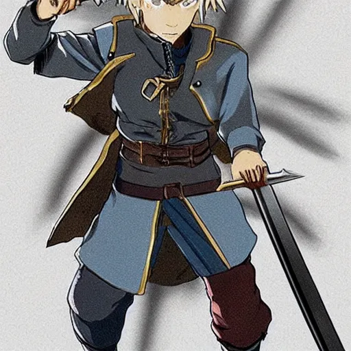 Image similar to young blonde boy fantasy thief with daggers in a tavern, full metal alchemist, anime style