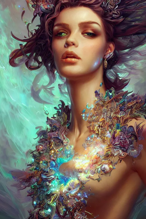 Image similar to torso closeup model wearing exploding flower crystal dress, sorcerer, diamonds, angel, fantasy, dramatic lighting, highly detailed, digital painting, holding electricity, magic the gathering, hyper detailed, 3 d render, hyper realistic detailed portrait, peter mohrbacher, wlop, ruan jia