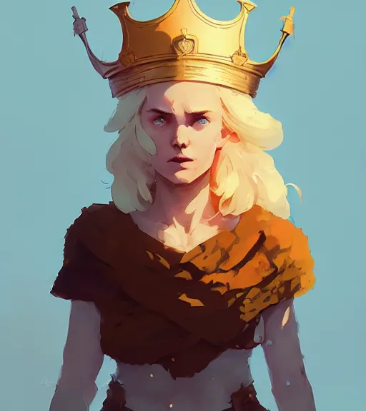 Image similar to portrait of beautiful warrior with golden hair, sun, crown, by atey ghailan, by greg rutkowski, by greg tocchini, by james gilleard, by joe fenton, by kaethe butcher, dynamic lighting, gradient light blue, brown, blonde cream and white color scheme, grunge aesthetic