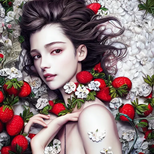 Image similar to the portrait of an absurdly beautiful, graceful, elegant, sophisticated, fashionable young woman made of strawberries and white petals with tears, an ultrafine hyperdetailed illustration by kim jung gi, irakli nadar, intricate linework, bright colors, octopath traveler, final fantasy, unreal engine 5 highly rendered, global illumination, radiant light, detailed and intricate environment