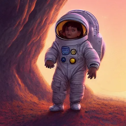 Prompt: A little boy wearing his space suit on a mushroom planet of some sort, Graceful body structure,cute,Symmetrical face,highly detailed,elegant,Marc Simonetti and Caspar David Friedrich, Trending on artstation