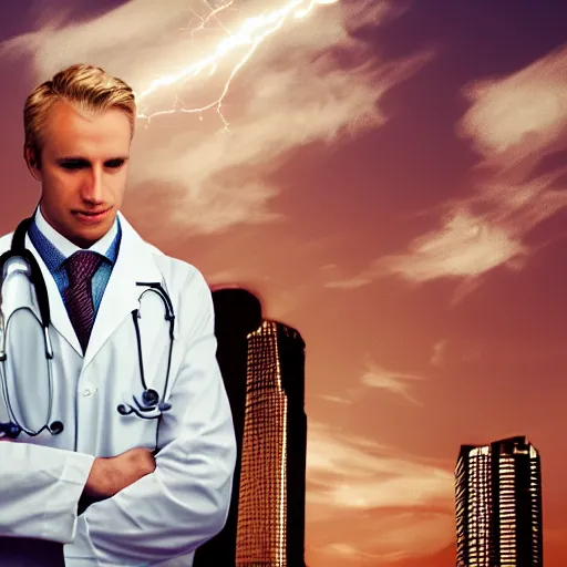 Image similar to blond male doctor in front of helicopter, epic lighting, digital art