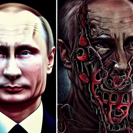 Image similar to vladimir putin became bloody ugly lovecraftian degenerate abomination, photo - realistic, color image, 2 k, highly detailed, bodyhorror, occult art, fractal structure