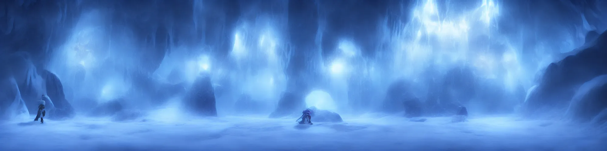 Image similar to huge snow cave with cinematic lighting in the style of ori and the blind forest, highly detailed, digital art 4k, 8k