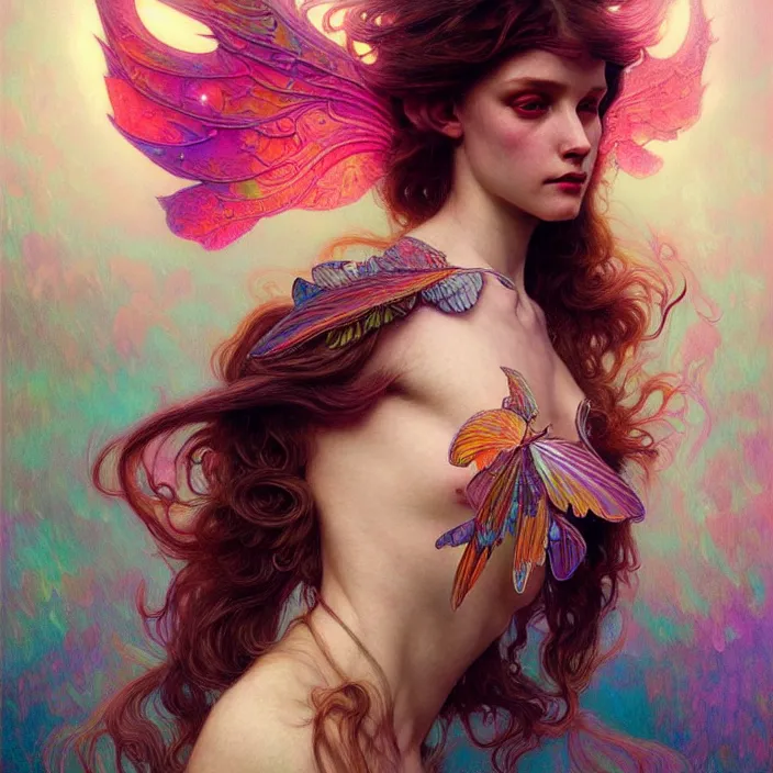 Image similar to psychedelic wings, diffuse lighting, fantasy, intricate, elegant, highly detailed, lifelike, photorealistic, digital painting, artstation, illustration, concept art, smooth, sharp focus, art by John Collier and Albert Aublet and Krenz Cushart and Artem Demura and Alphonse Mucha