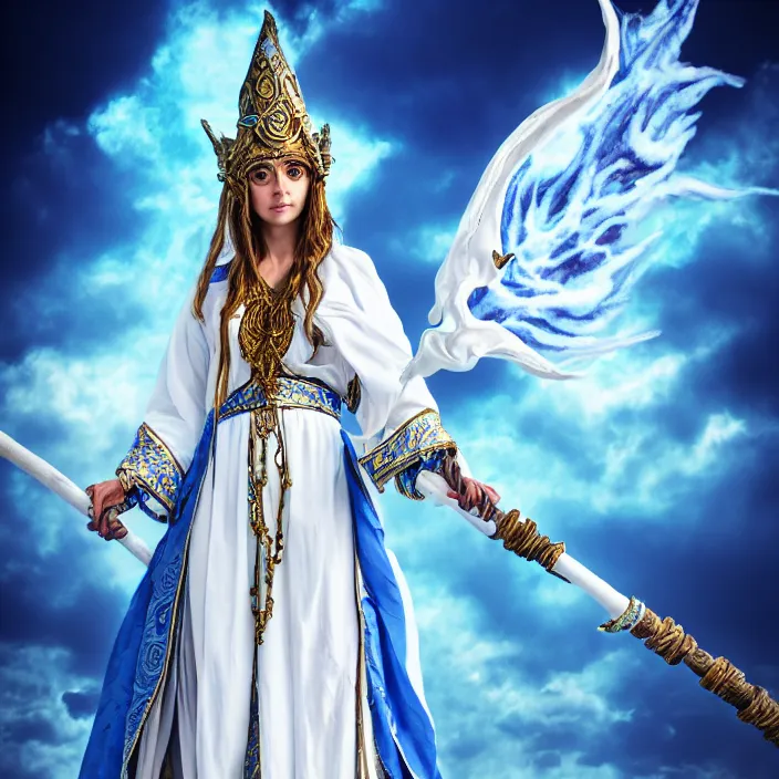 Image similar to photograph of a real - life beautiful elemental sky witch with ornate white and blue robes and staff. extremely detailed. 8 k