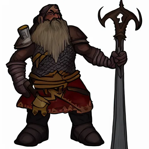 Prompt: Dungeons and dragons character art of a dwarf woman with dark skin and a battleaxe