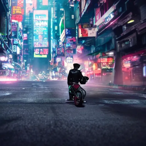 Image similar to the joker from batman riding a tricycle in a neotokyo street, cyberpunk, movie still, 4 k