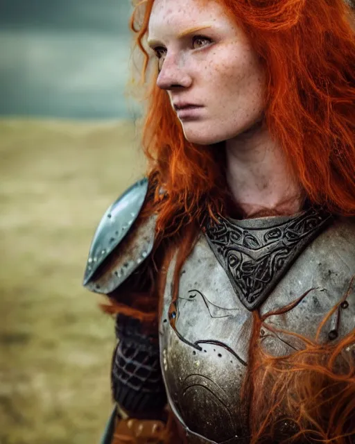 Prompt: north female warrior, red hair, ginger hair, long hair, fantasy, female Viking, high detailed, photography, cloudy, lightweight leather armour, Scandinavia, plain, detailed face, cute face, look into the distance, professional model, glowing skin, serious face, full body, professional photographer, masterpiece, extremely detailed, professional camera, 50 mm, 8k, 3D