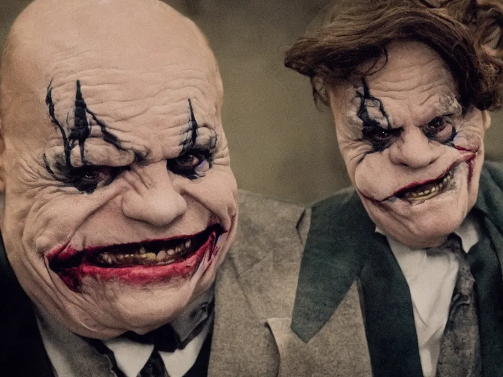 Prompt: don rickles as the joker, in a feature film by paul thomas anderson, gritty, exagerrated film grain, realistic, cinematic lighting, full color, imax film, 4 k
