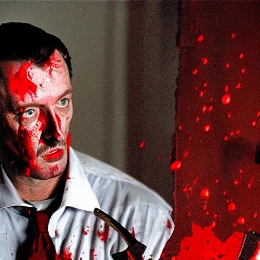 Image similar to Igor Ghirkin Strelkov as The American Psycho holding an axe, covered in blood, donning a raincoat, cinematic still