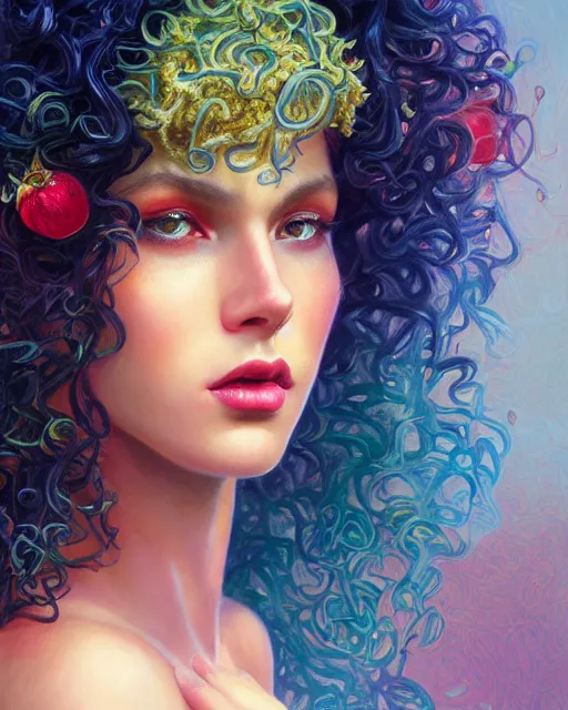 Prompt: portrait of glamor greek persephone | pomegranate | curly hair | orchard background | highly detailed | very intricate | professional model | cinematic lighting | painted by donato giancola and mandy jurgens and charlie bowater | bold colors, artdeco, art deco outrun anime aesthestic, 8 0's nostalgia | featured on artstation