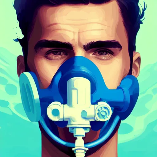 Image similar to a profile photo of a man with oxygen mask, side profile in underwater, highly detailed, digital painting, artstation, concept art, smooth, sharp focus, illustration by Sandra Chevrier