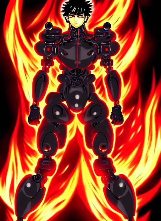 Image similar to a detailed manga full body portrait illustration of a dark haired cyborg anime man surrounded by fire by hirohiko araki, detailed artwork, realism, 4 k resolution, detailed, high quality, sharp focus, hq artwork, insane detail, volumetric lighting, character concept art, fine details, clear subject, central subject