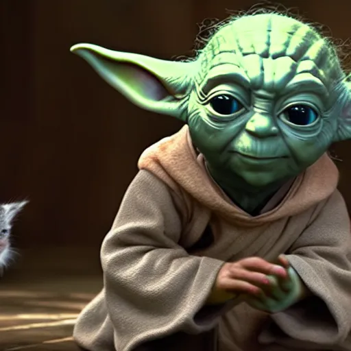 Prompt: Jedi master yoda playing with a kitten 8k