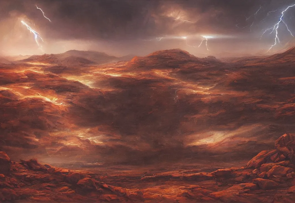 Prompt: mars landscapes, cinematic lightning, dramatic, highly detailed, oil painting,