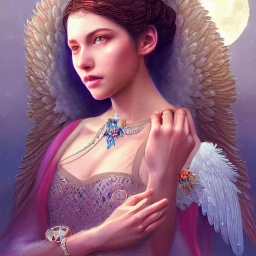 Image similar to A beautiful digital painting of a female angel full of jewels, princess, the moon behind her, intricate, cinematic lighting, highly detailed, digital painting, Artstation, concept art, smooth, sharp focus, illustration, art by Tom Bagshaw, Artgerm and Greg Rutkowski