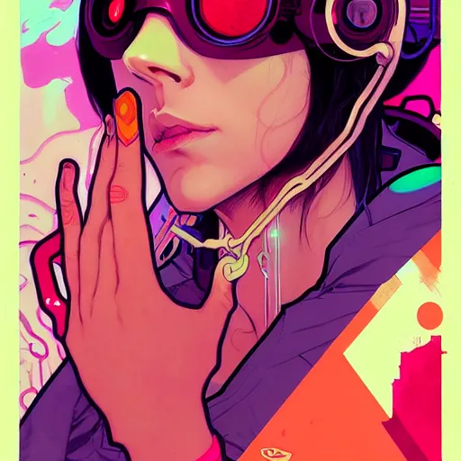 Prompt: a beautiful painting of a cyberpunk blindfolded girl by sachin teng and pascal blanche and alphonse mucha! and nekro! and josan gonzalez!. in style of conceptual art. colorful comic, film noirs, akira, brush stroke, vibrating colors, hyper detailed. octane render. trending on artstation