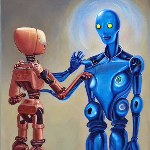 Prompt: a robot missionary trying to convert an alien to christanity, oil on canvas