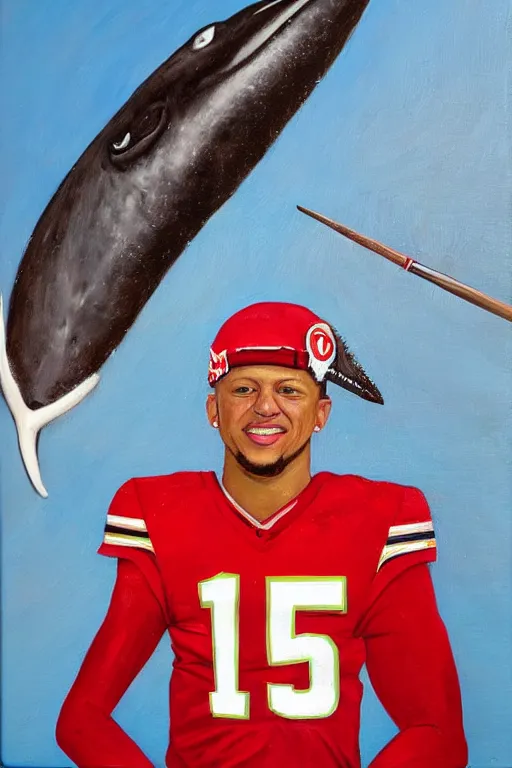 Image similar to patrick mahomes with a whaling harpoon oil painting portrait
