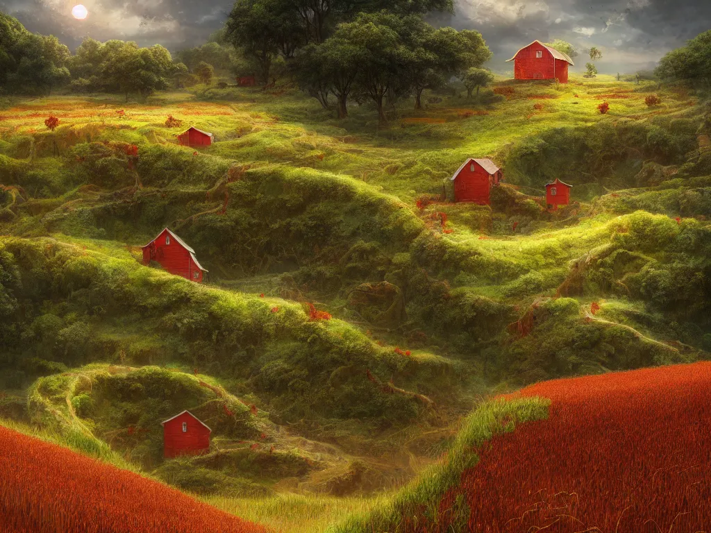 Image similar to Intricate detailed lush ravine with a single isolated red barn next to a wheat crop at noon. Wide angle shot, surreal, dreamlike, Artstation, Marc Simonetti.