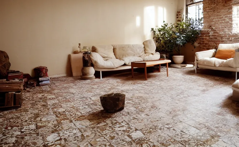 Prompt: living room interior, old beige walls, brown tiled floor, one wall with bricks, white plastic garden chairs, ashtray, stained beige deep pile rug, 1990s oak wood furniture