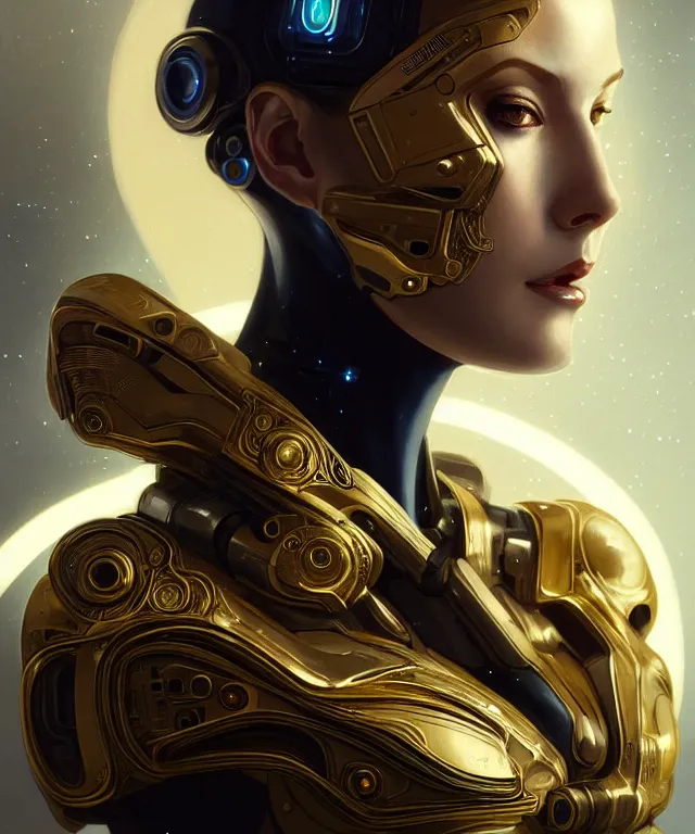 Image similar to futuristic woman android portrait, sci-fi female, azure eyes, face, short hair tomboy, cyberpunk, intricate, elegant alabaster skin, highly detailed gold filigree, digital painting, artstation, concept art, smooth, sharp focus, illustration, art by artgerm and greg rutkowski and alphonse mucha