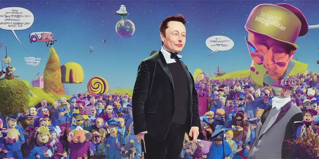 Prompt: Elon Musk as Willy Wonka, created by Scott Listfield