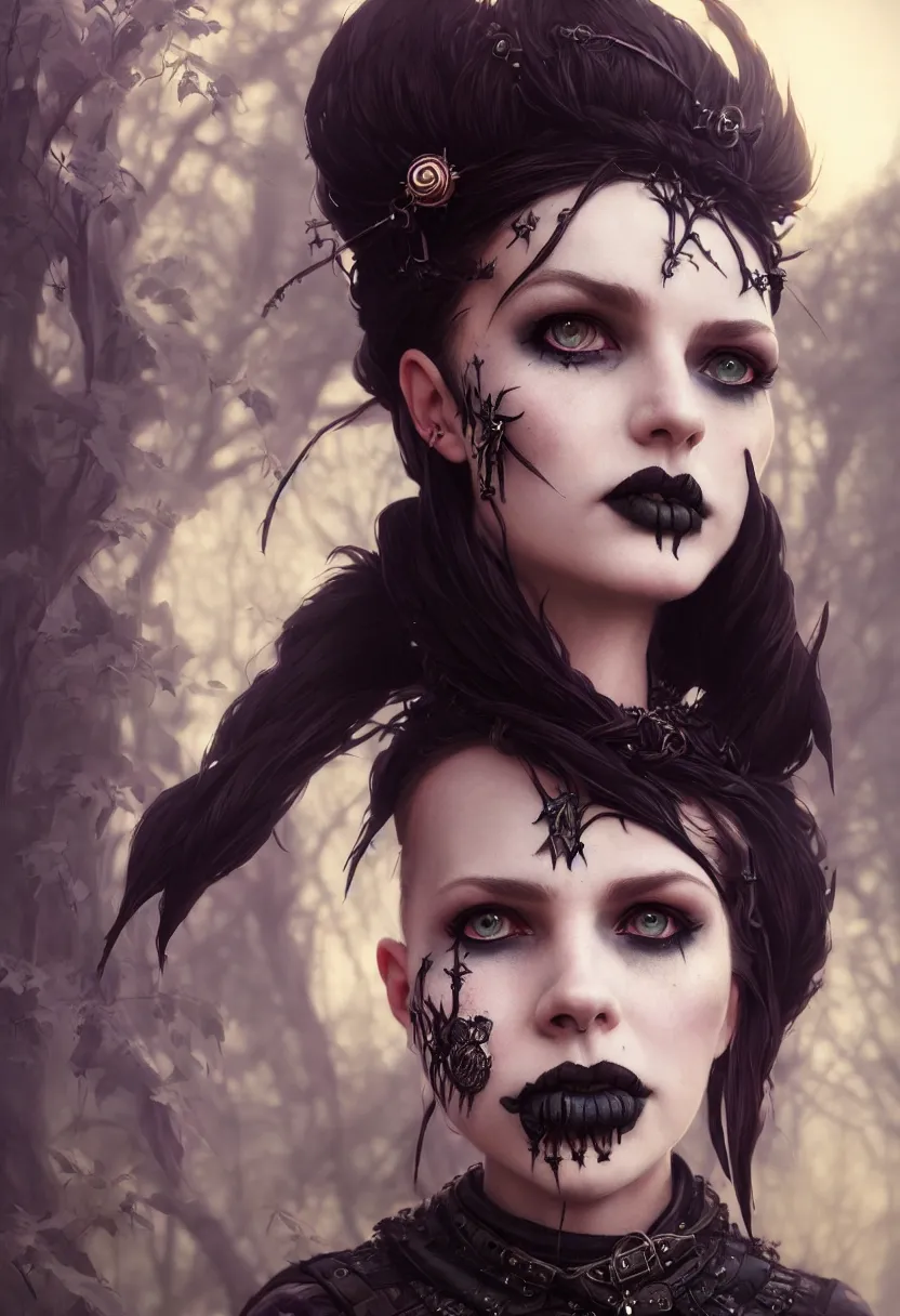 Prompt: beautiful extreme closeup portrait, goth girl, piercings collar, mohawk hairstyle, medieval dress. witch, makeup. unreal engine, greg rutkowski, loish, rhads, beeple, tom bagshaw, alphonse mucha, global illumination, detailed and intricate environment