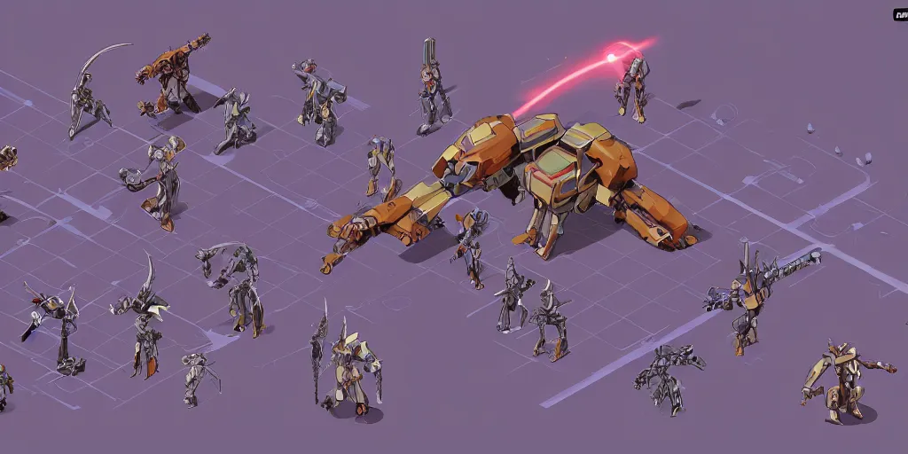 Prompt: isometric mecha character design, idle, colored, sprite, pc game, sideview, art by moebius and greg rutkowski.