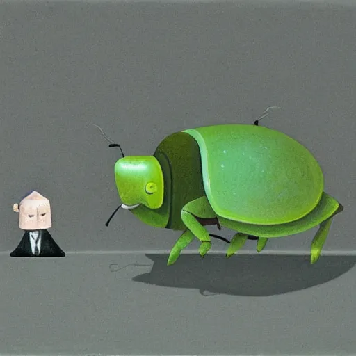 Image similar to A green beetle in a business suit working in a small grey cubicle, by Shaun Tan